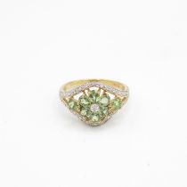 9ct gold green gemstone floral cluster ring with diamond frame (2.9g) Size P