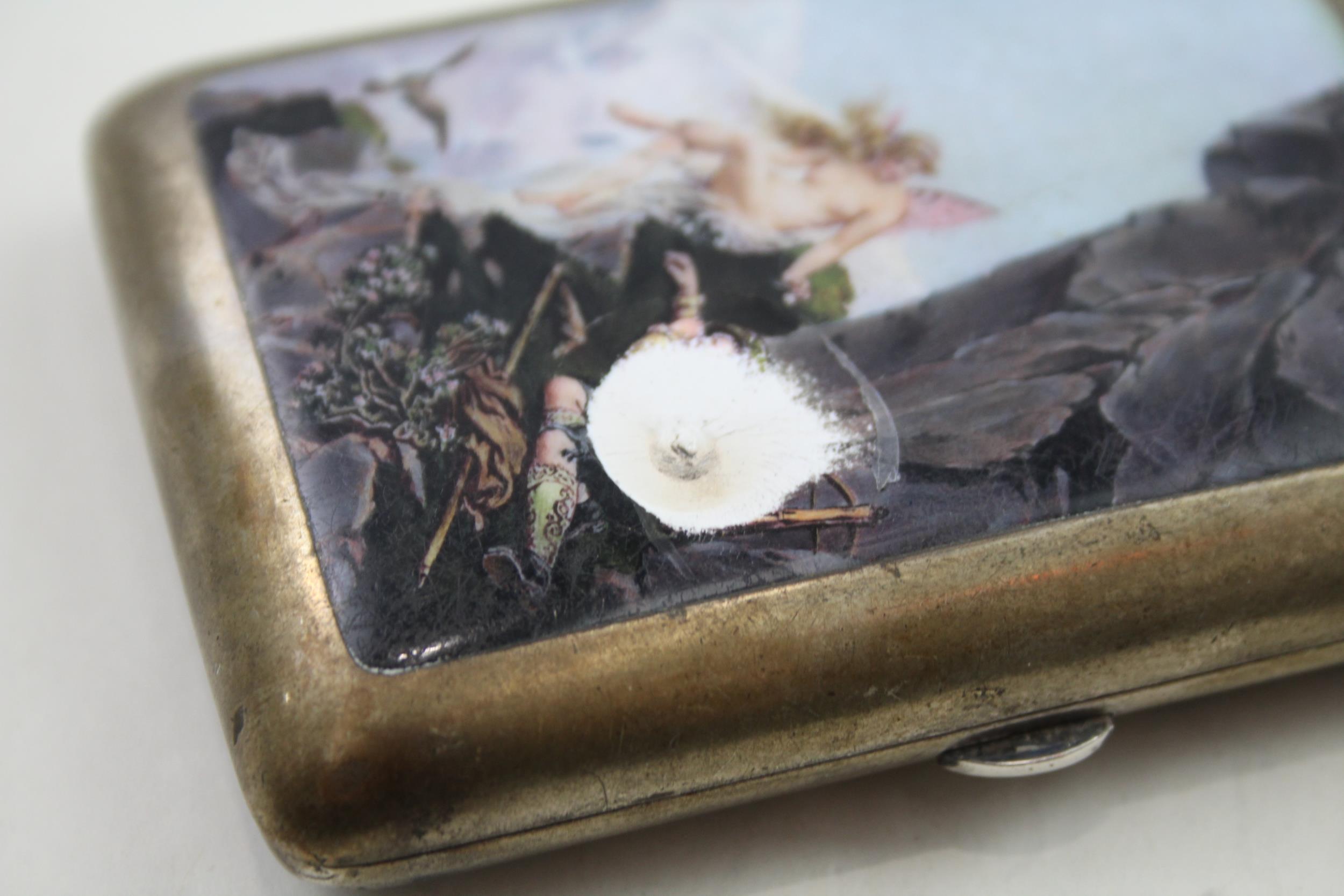 Antique Silver Plate Enamel Detailed Tobacciana Cigarette Case w/ Fairy Scene - w/ Personal - Image 2 of 7