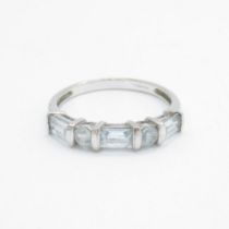 9ct gold round & baguette cut aquamarine half eternity ring Size R - 2.2 g