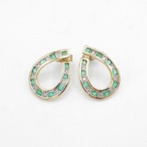 9ct gold emerald & diamond drop earrings with scroll backs - 3.4 g