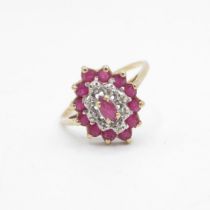 9ct gold ruby & diamond cluster ring, claw set Size O 1/2 - 2.2 g