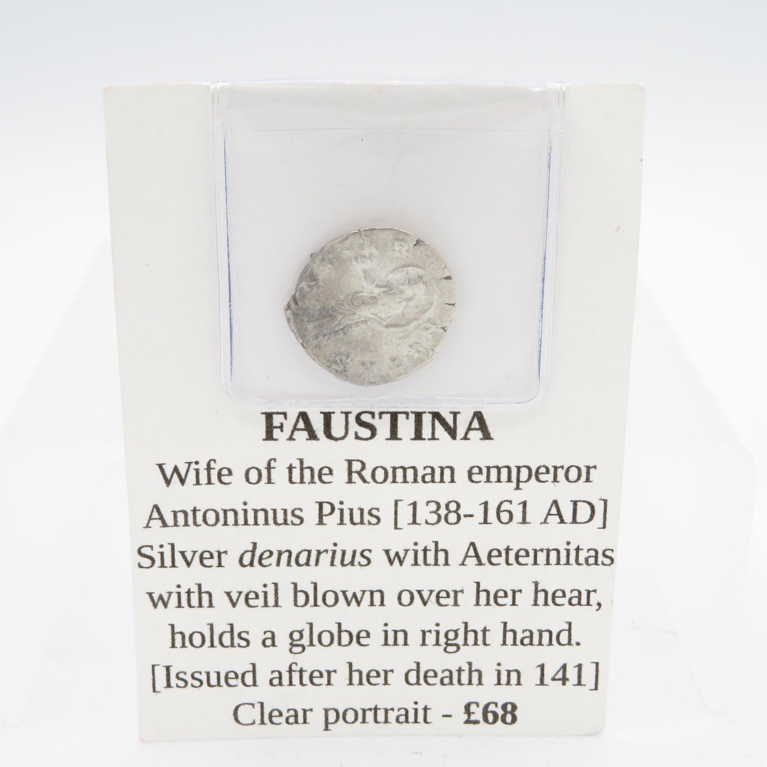Faustina Wife of the Roman Emperor Antonius Pius Silver Denarius with Aeternitas with veil blown