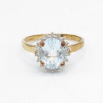 9ct gold diamond & aquamarine oval cluster ring Size T 1/2 - 3 g