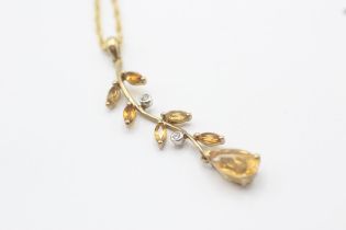 9ct gold citrine & diamond drop necklace - 2.9 g