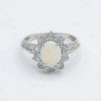 9ct gold aquamarine & opal cluster ring with diamond shoulders R - 3 g