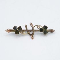 9ct gold antique connermara marble & paste shamrock & wishbone good luck brooch with base metal