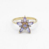 9ct gold tanzanite & diamond floral dress ring Size Q - 2.3 g