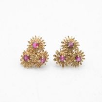 9ct gold ruby floral cluster stud earrings with scroll backs (1.8g)