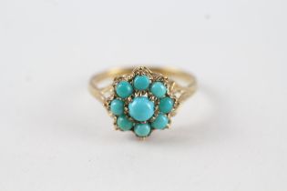 9ct gold turquoise cluster ring, claw set (1.8g) Size L