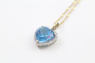 9ct gold heart cut blue zircon & diamond pendant necklace (4.6g)