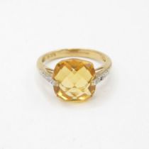 9ct gold faceted citrine & diamond dress ring (2.5g) Size L