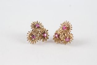 9ct gold ruby floral cluster stud earrings with scroll backs (1.8g)