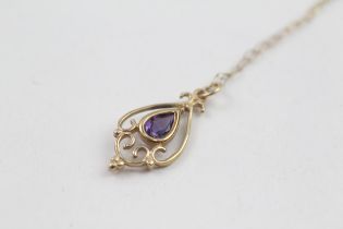 9ct gold vintage style pear cut amethyst pendant necklace (1g)