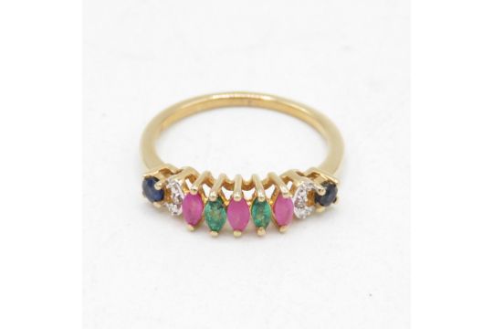 10ct gold emerald, ruby, sapphire and diamond half eternity dress ring (2.1g) Size O - Image 1 of 6