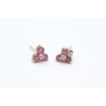 9ct gold ruby and diamond set floral stud earrings (1.3g)