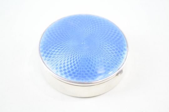 Vintage 1927 Birmingham Sterling Silver Blue Guilloche Enamel Vanity Compact 44g - w/ Original - Image 1 of 5