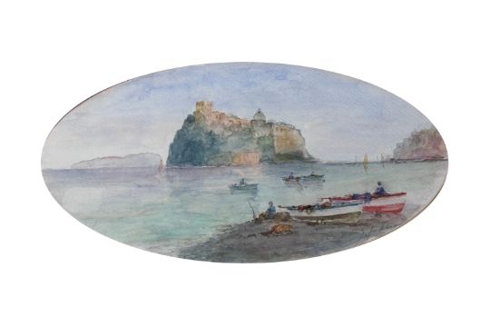 Aquarellist/In "Fischer bei Ischia", Blick vom Pontile auf der Insel Ischia auf das Castello Aragon - Bild 1 aus 3