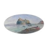 Watercolour "Fishermen at Ischia", view from the Pontile on the island of Ischia to the Castello Ar
