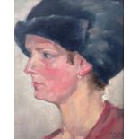 Portraitist (20th century) "Profile of a woman" with black fur hat, oil on panel, illegibly signed