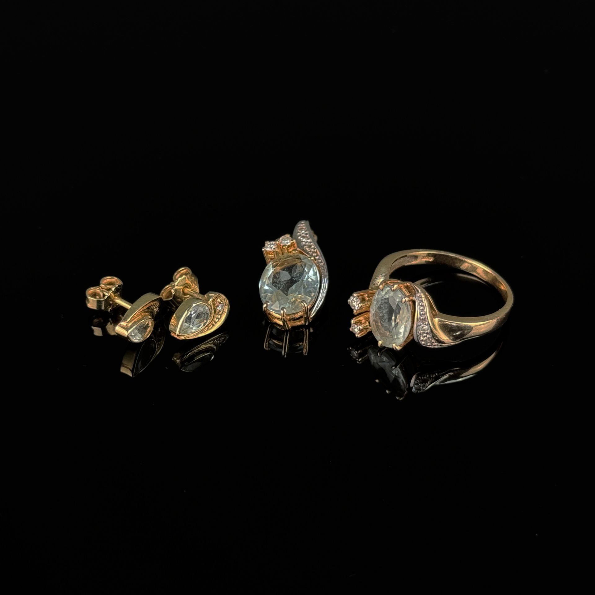 Aquamarine diamond jewellery set, 3 pieces, 585/14K yellow and white gold (hallmarked), total weigh