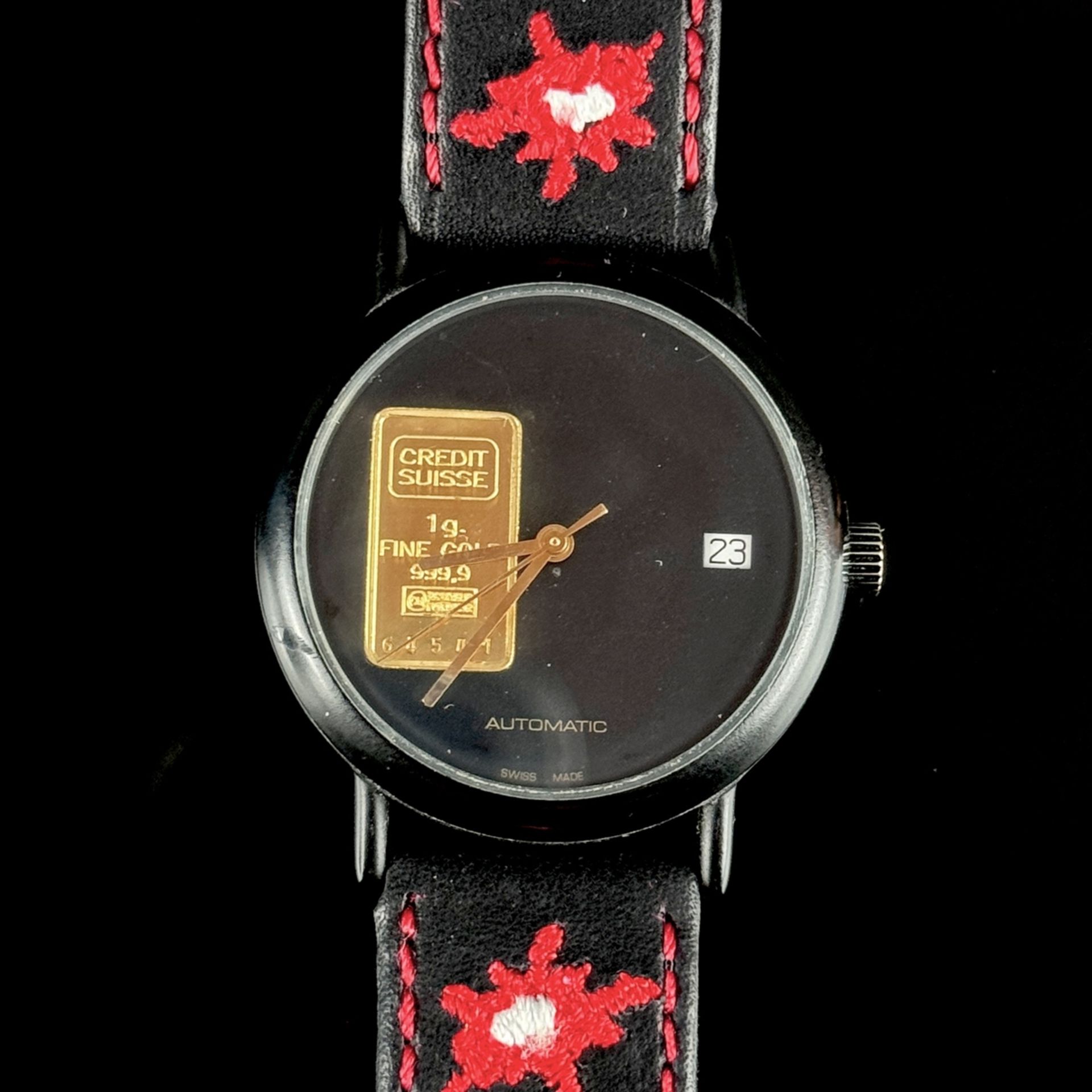 Wristwatch "Unicredit Suisse", automatic, plain black dial, date display at number 3, gold bar 1g f - Image 2 of 3