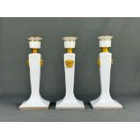 Three candlesticks, Rosenthal, Versace design, "Gorgona" decoration, gold bottom mark, each white p