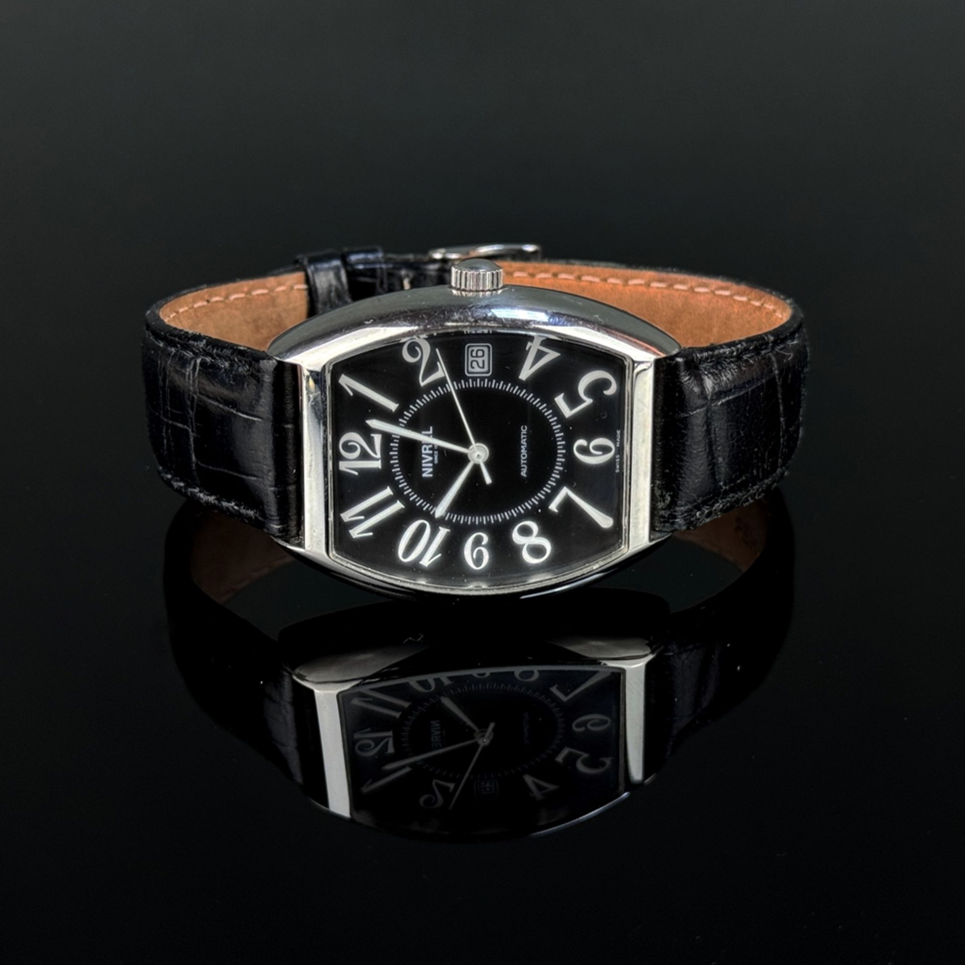Wristwatch, Nivrel Automatic, "Tonneau" with centre seconds and date, steel case with glass back, d