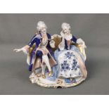 Porcelain group "The Reader", Volkstedt Rudolstadt, couple in rococo costume on sofa, he reading fr