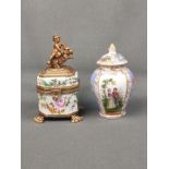 Small convolute of porcelain, two pieces, consisting of: small lidded jar/inkwell, Limoges, polychr