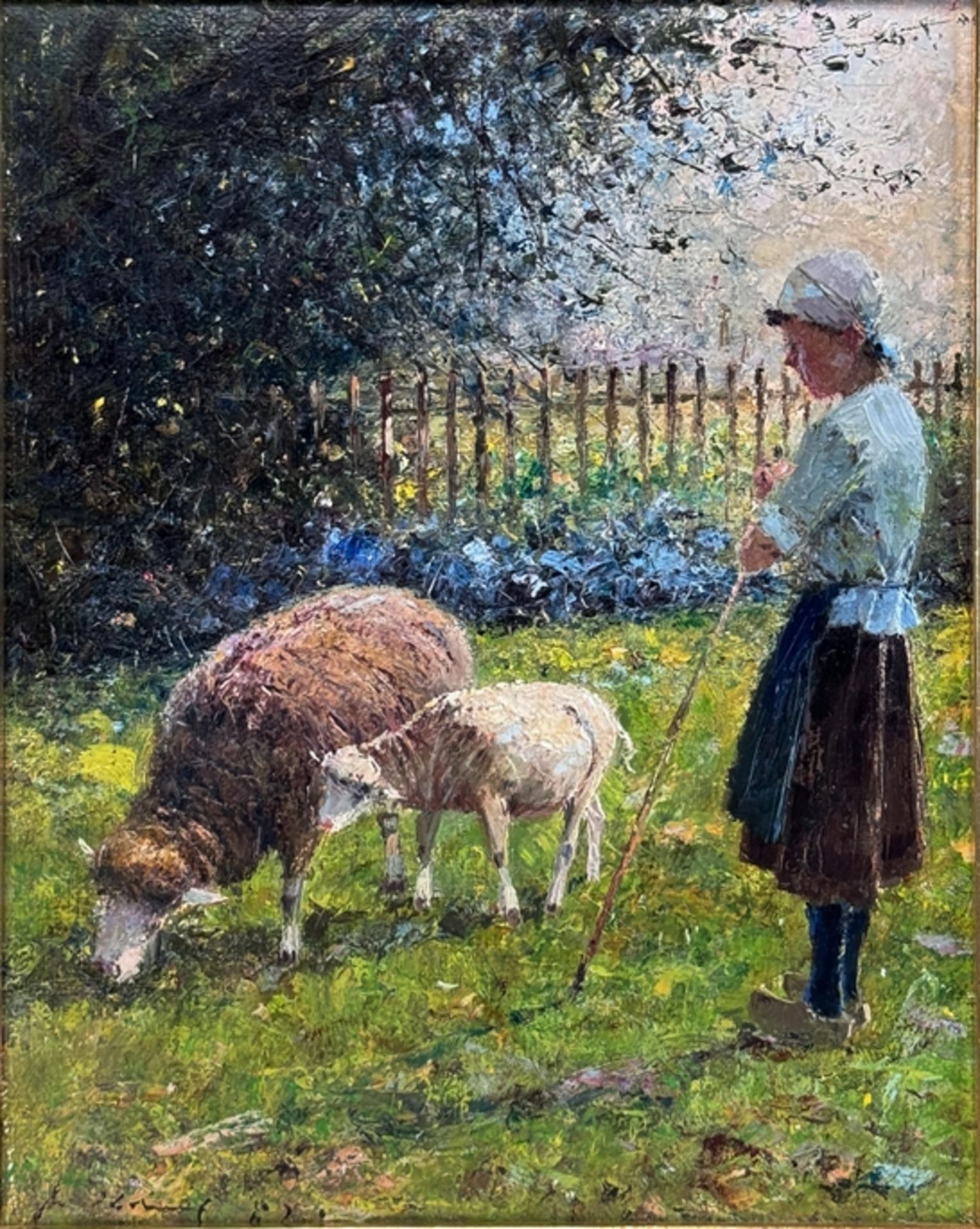 Klarl, Josef (1909 Straubing - 1987 Schelklingen) "Farmer girl with sheep and lamb", oil on canvas,