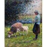 Klarl, Josef (1909 Straubing - 1987 Schelklingen) "Farmer girl with sheep and lamb", oil on canvas,