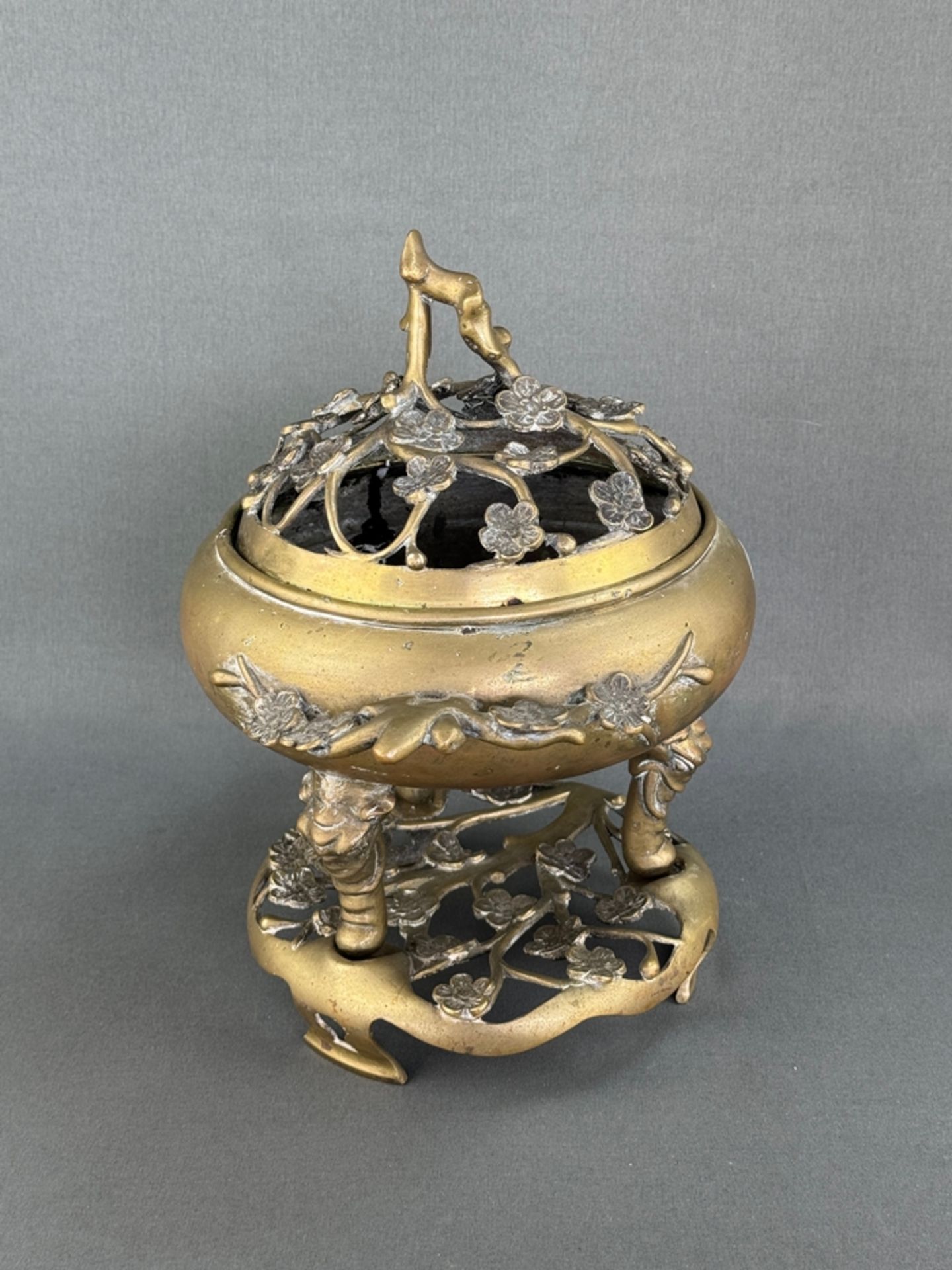 Incense burner, China, brass, decorated with cherry blossom motifs, on stand, height 30cm, diameter - Image 2 of 2