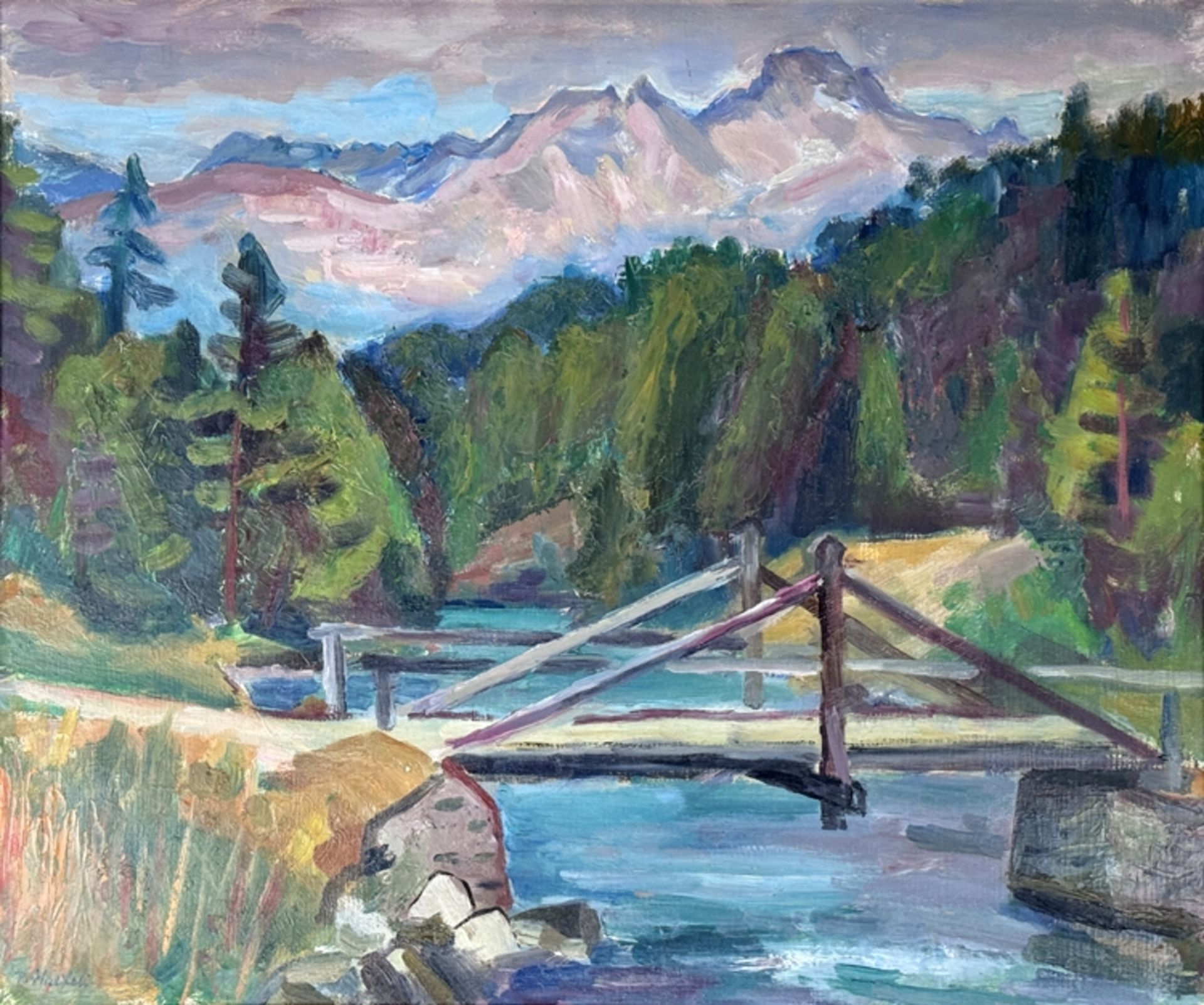 Haefeli, Paul Emil (1899 Trimbach - 1973 St. Gallen) "Landschaftsausblick", mit Fluss und Bergen im