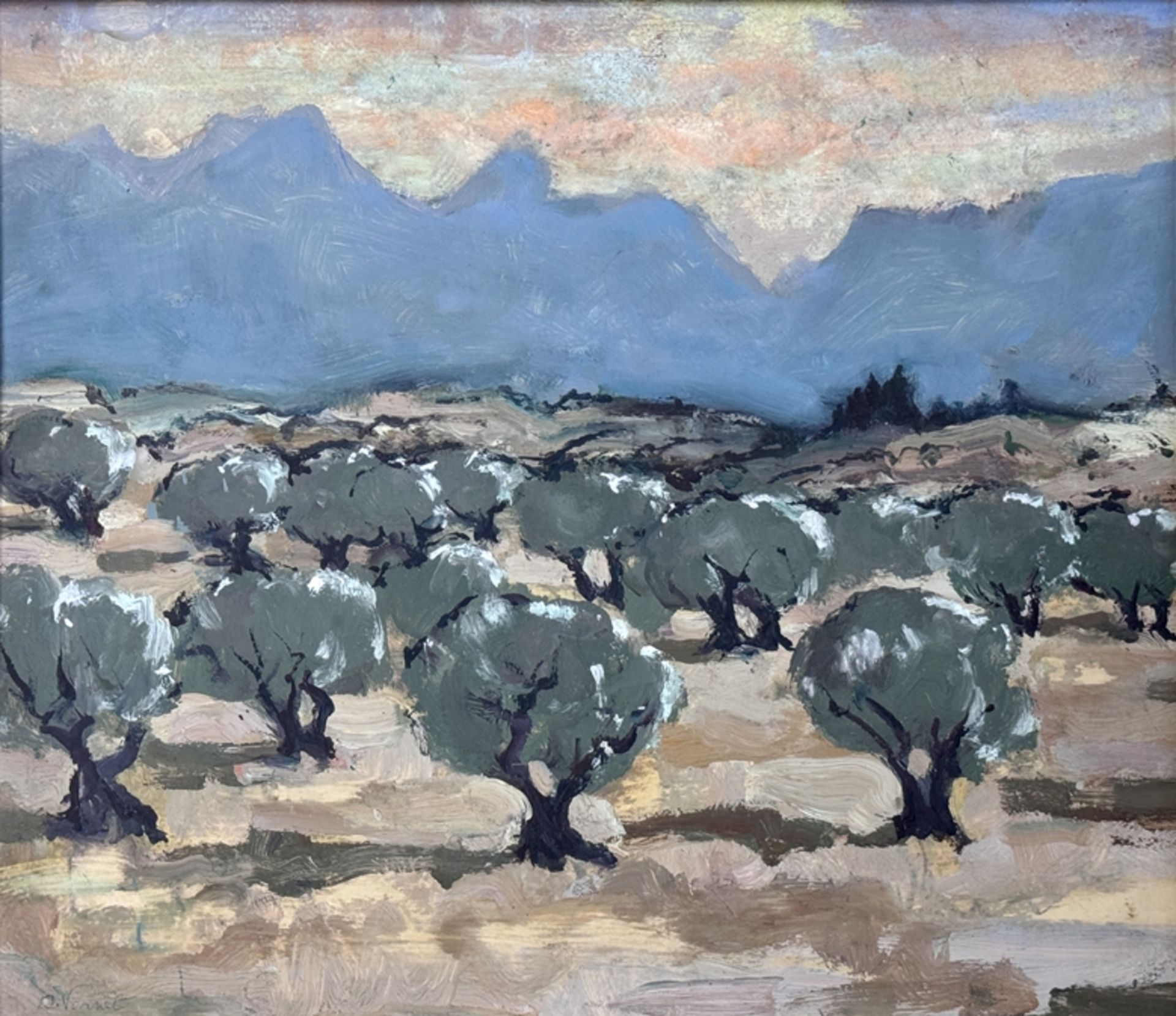 Artist (20th century) "Landscape view", in the foreground trees, in the background mountain view, o