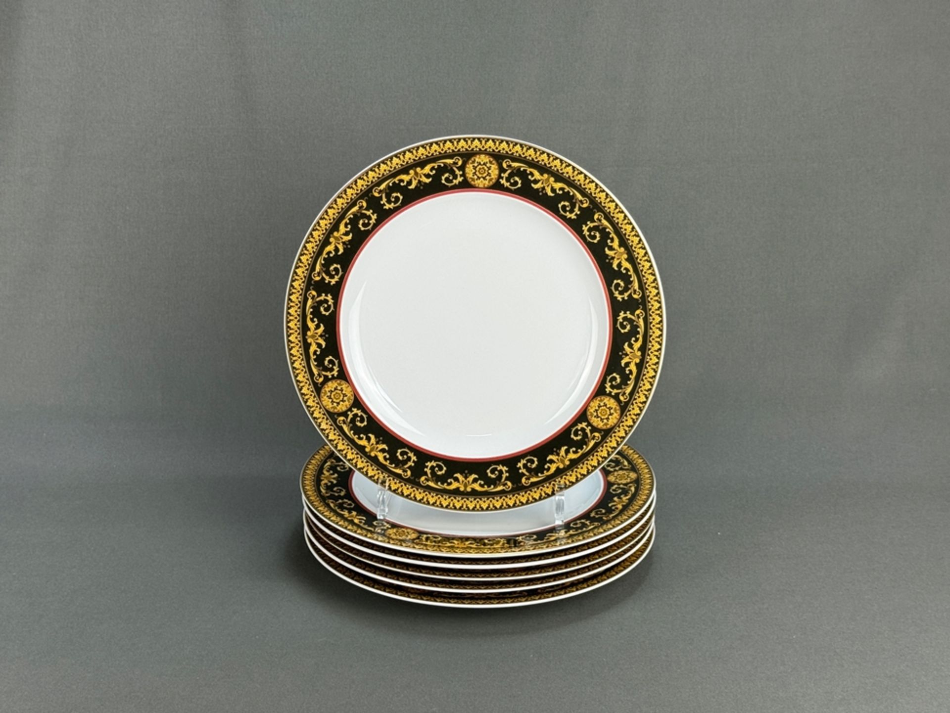 Six dinner plates, Rosenthal, Versace design, Medusa decor, black/gold base mark, border with baroq