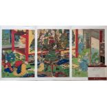 Utagawa, Kuniyoshi (1798 - 1861) "Taiheiki Hyogo Gassen", triptych on fanfold, coloured woodcut, ar