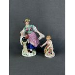 Two porcelain figurines "Klöpperin aus dem Erzgebirge" and "Mädchen mit Blumenkorb", Meissen crosse