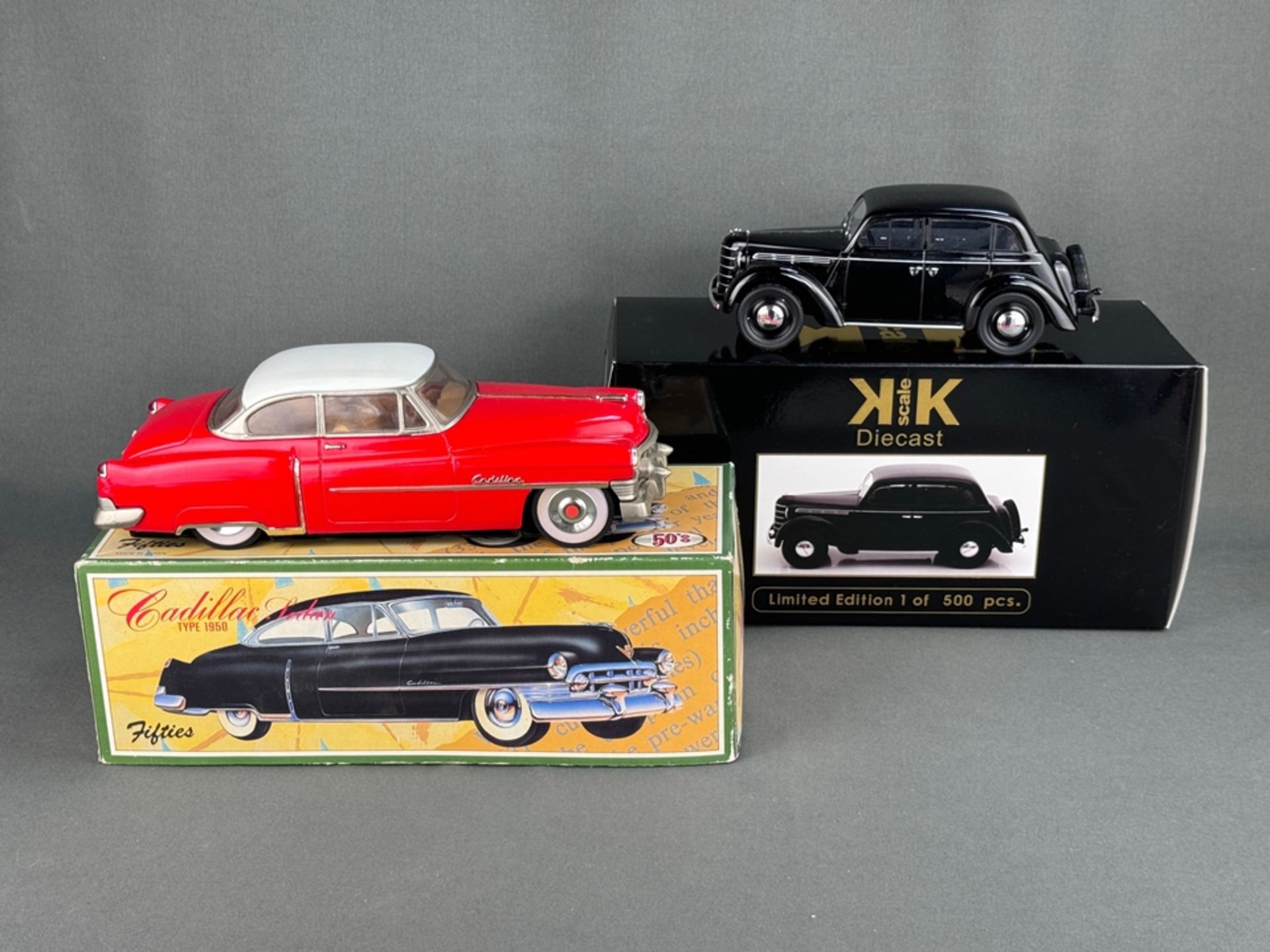 Two model cars, consisting of Opel Kadett 1936, KK Scale, in original packaging and Cadillac Sedan 