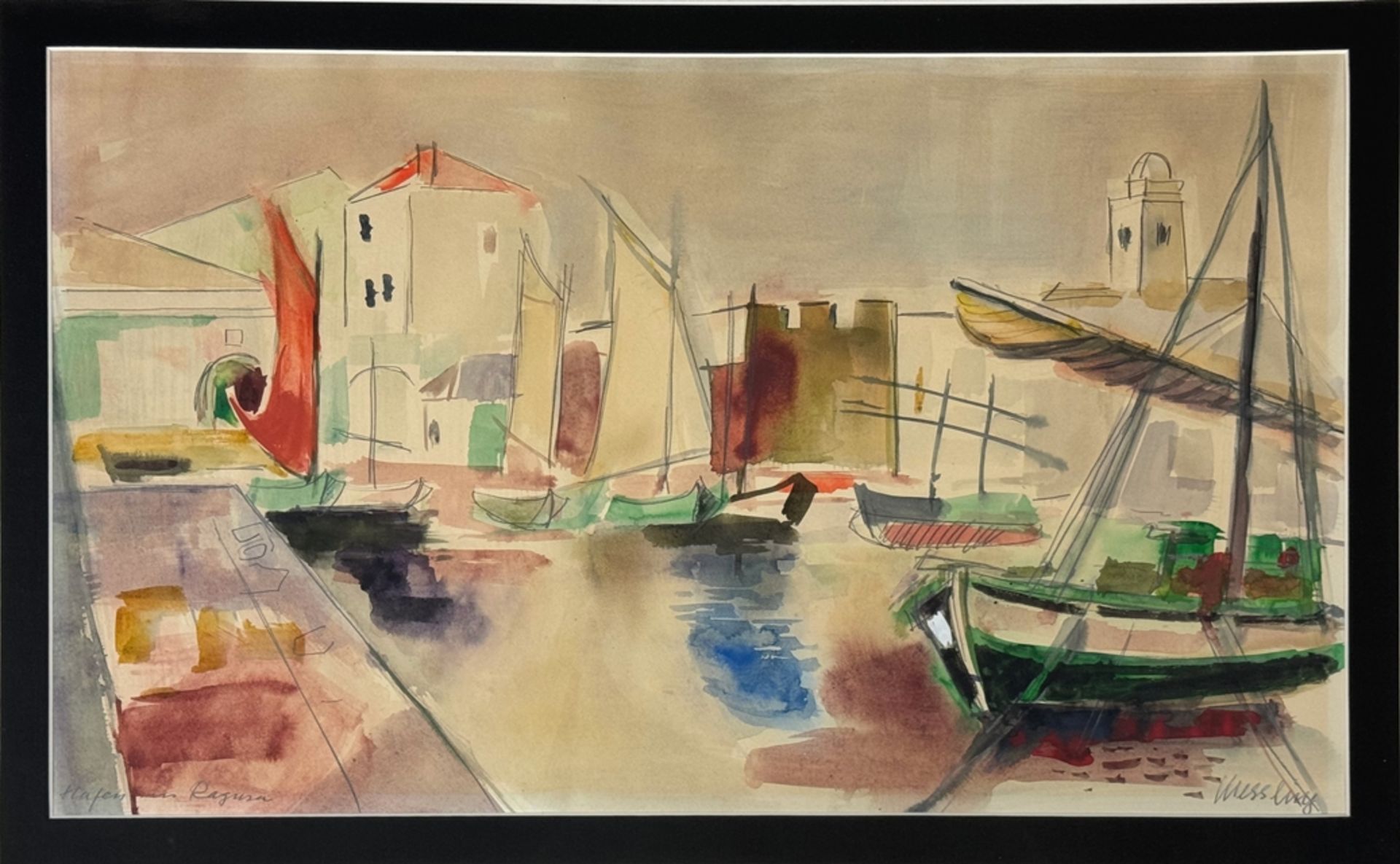 Kiessling, Heinz (1915 Berlin - 1991 Hamburg) "Hafen in Ragusa", abstrahierte, mediterrane Ansicht