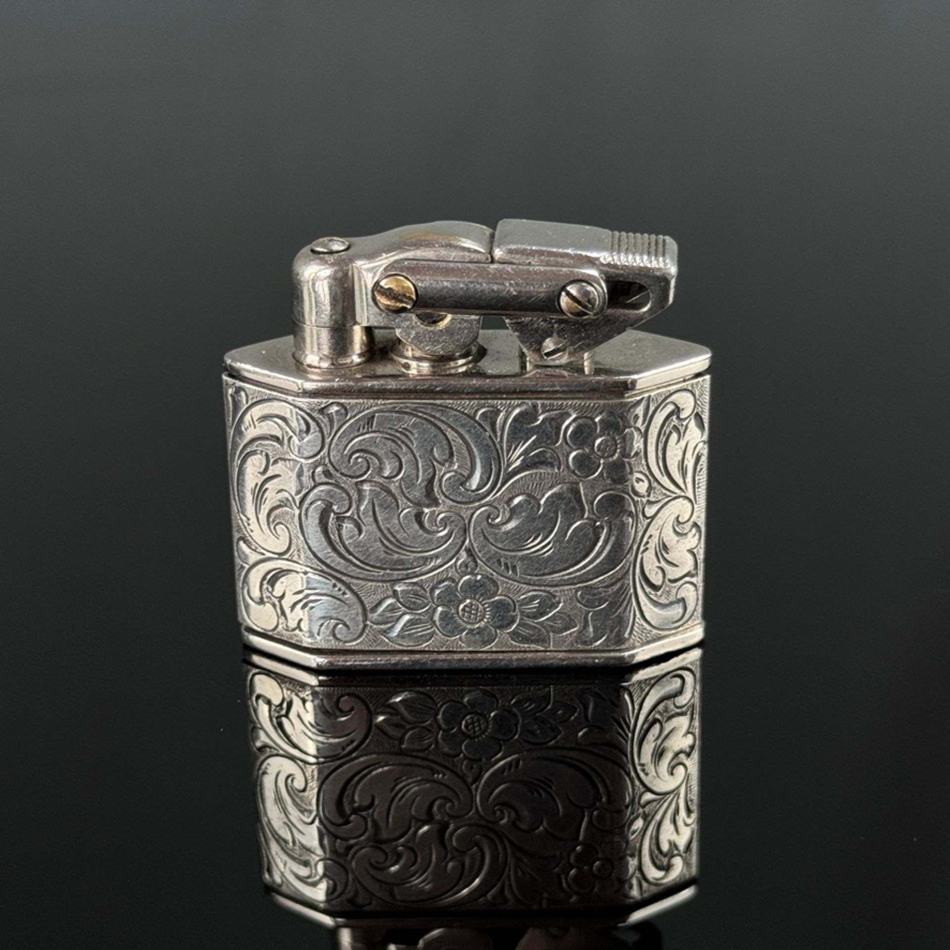 Lighter, Karl Wieden, 925 silver, 46.77g, chiselled decoration, underside with monogram, dimensions