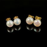Two pairs of pearl stud earrings, 585/14K yellow gold (each hallmarked), total weight of all four e