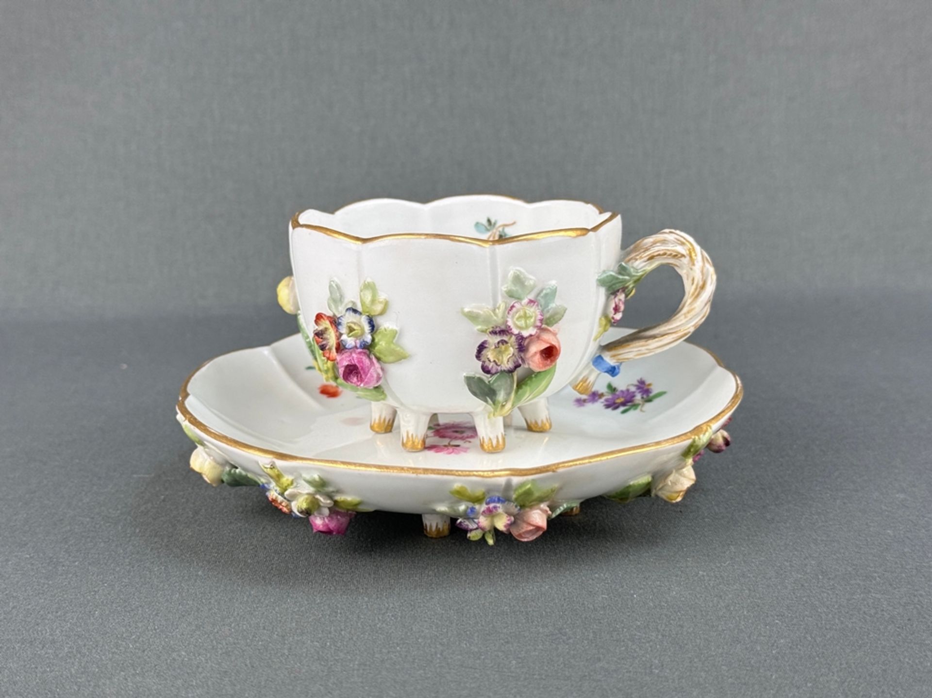 Decorative cup/mocha cup, Meissen, cup with saucer, each with six small branch feet, cup with branc