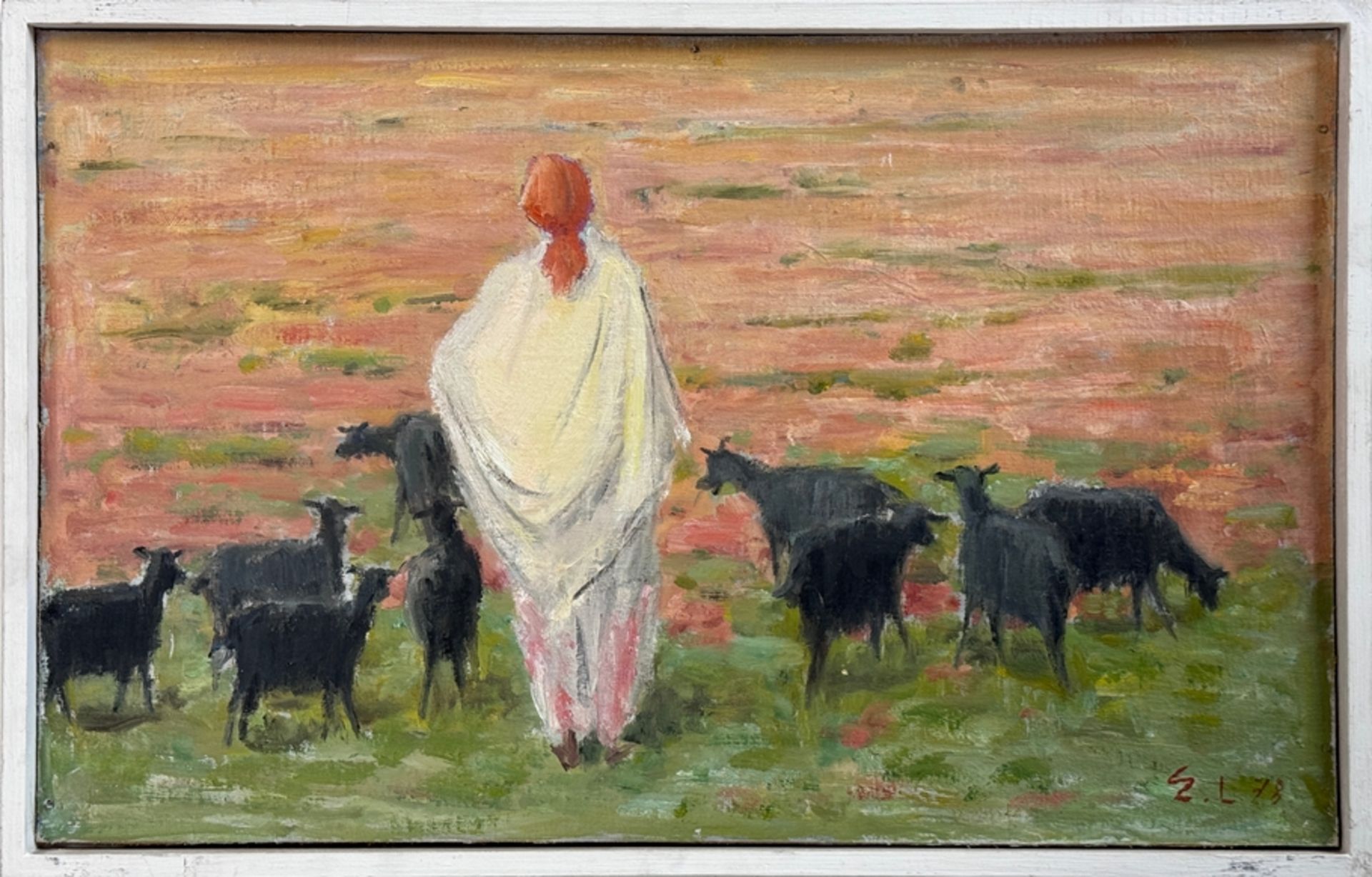 Leu, Ernst (1913 Kölliken - 1994 Zollikon) "Grazing goats" with shepherd, probably North African sc