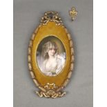 Porcelain painting, oval porcelain picture of a lady with veil, hand-painted, in frame, brass, bow 