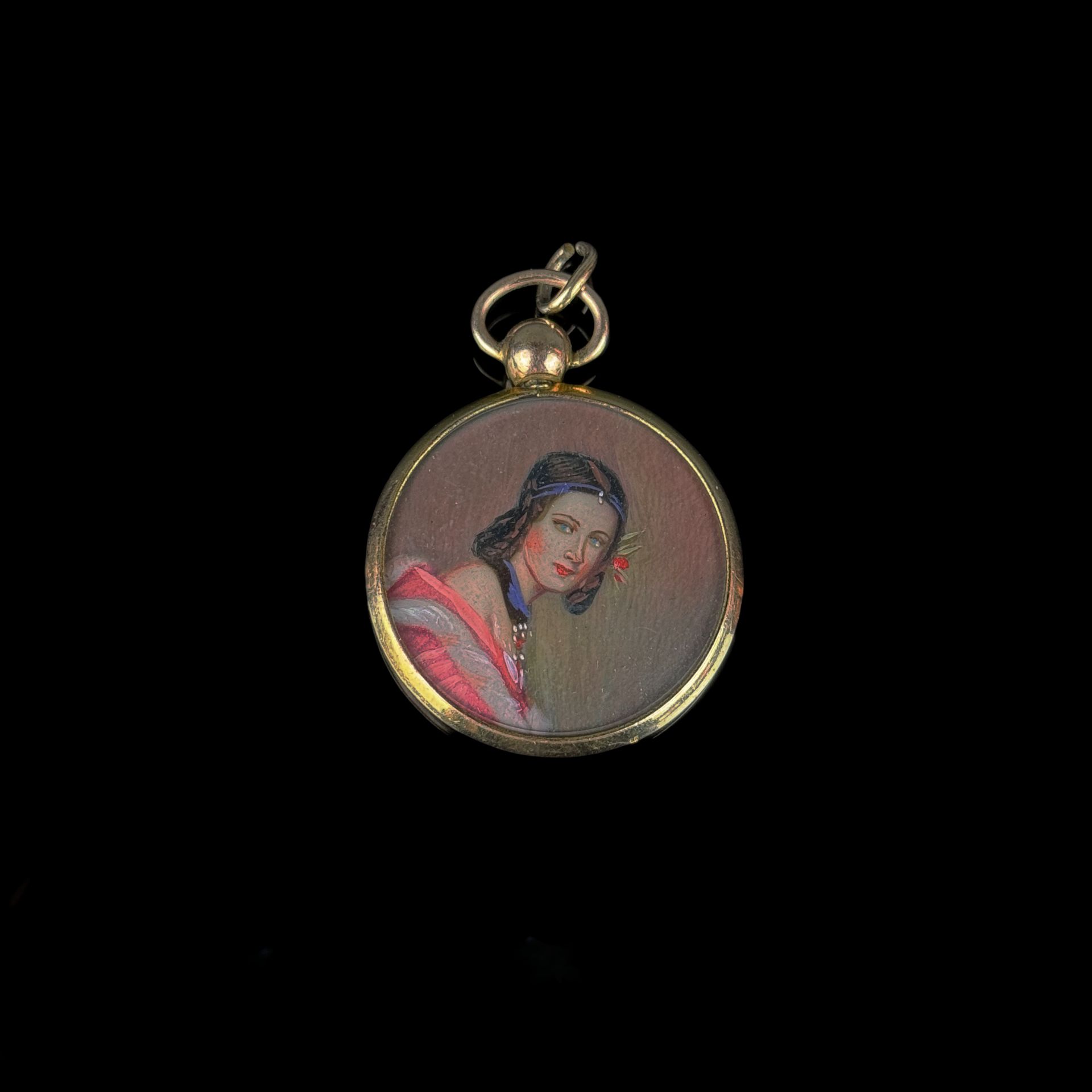 Antique pendant, gold-plated, total weight 4g, finely painted portrait of a lady on one side, set w