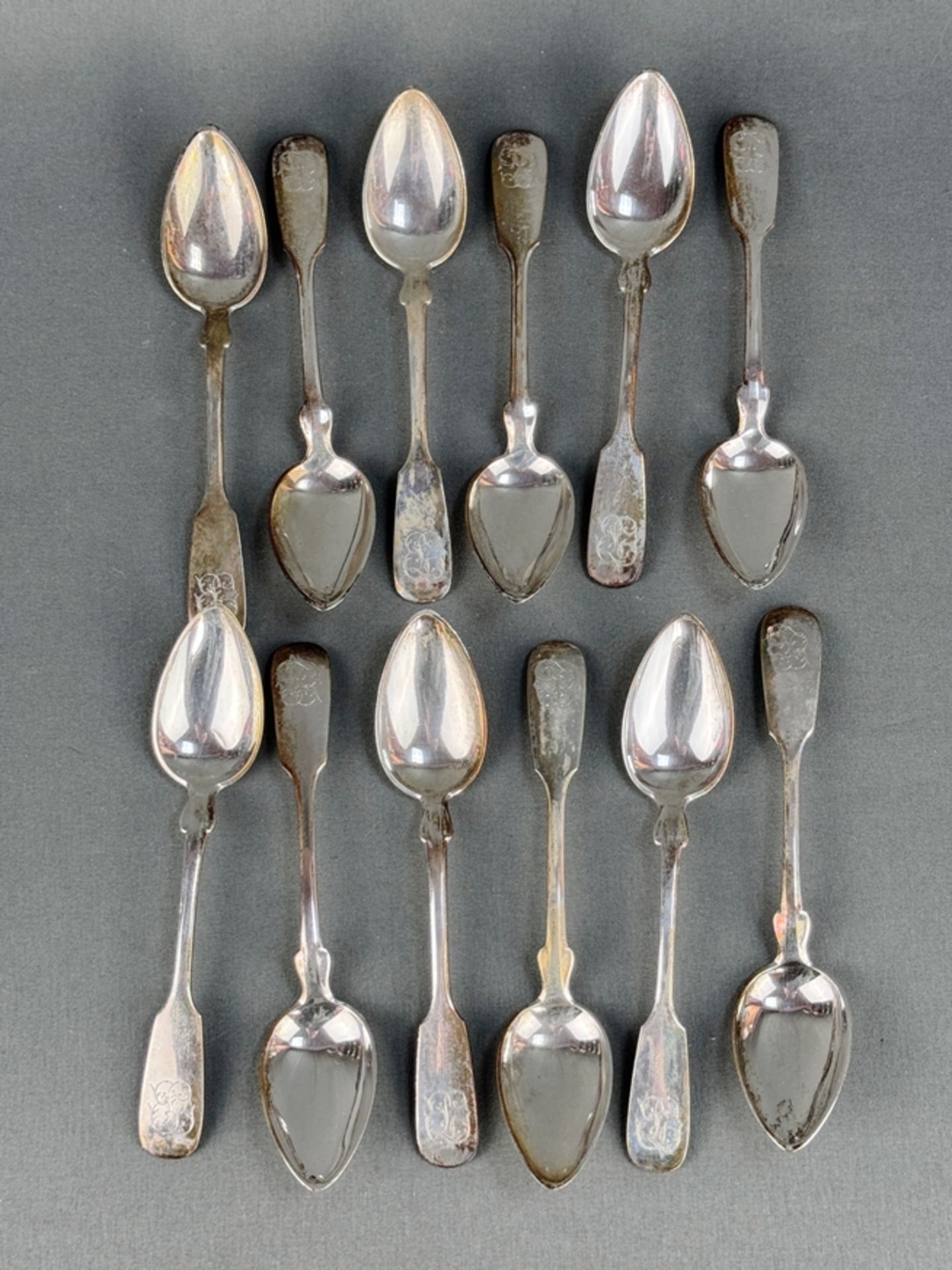 12 coffee spoons, W. Ascherfeld, silver 800, 347g, tapered spoon, ends with monogram, length 15cm, - Image 2 of 3
