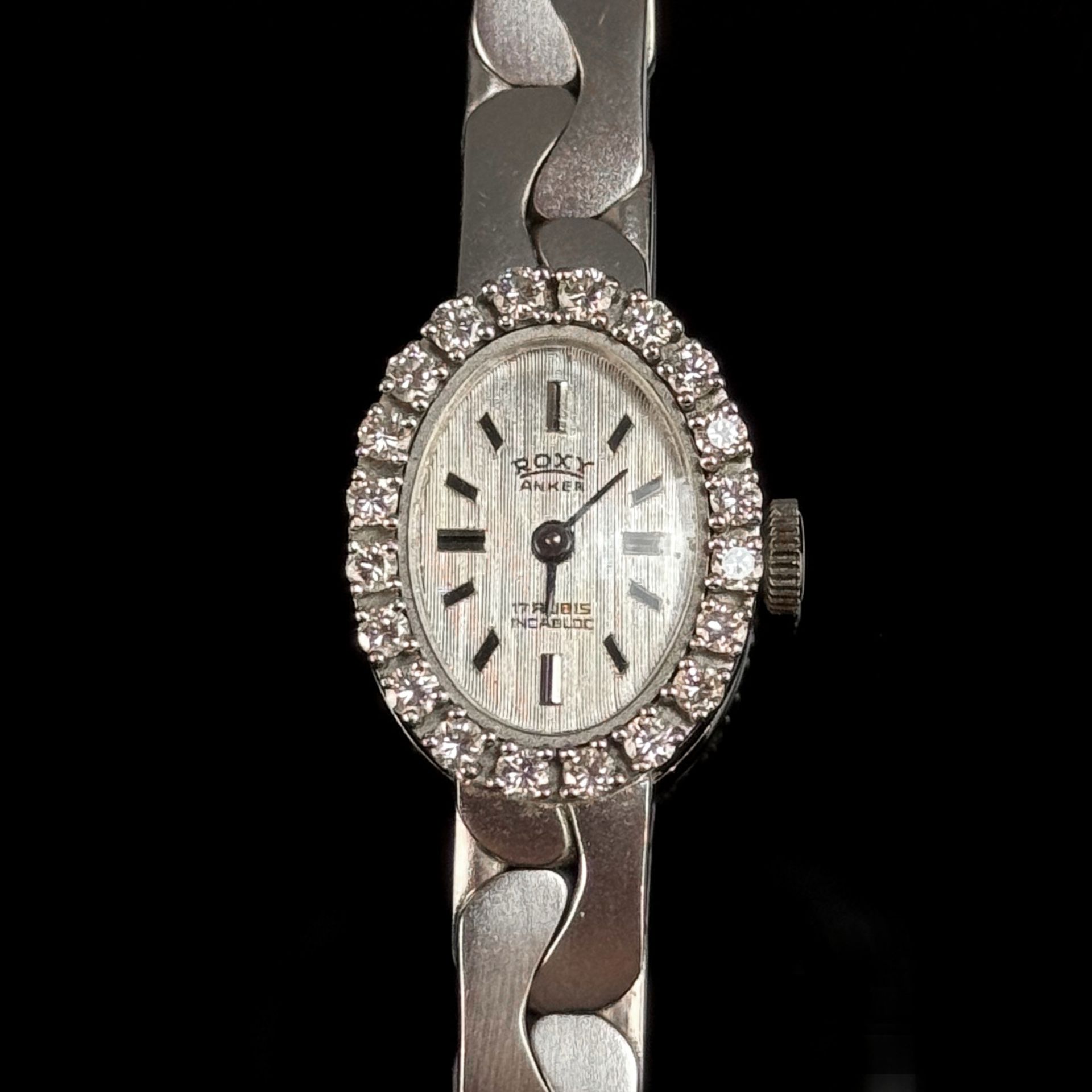 Wristwatch, Roxy, 750/18K white gold (hallmarked), 34.5g, manual winding, starts, oval case, bezel - Image 2 of 3