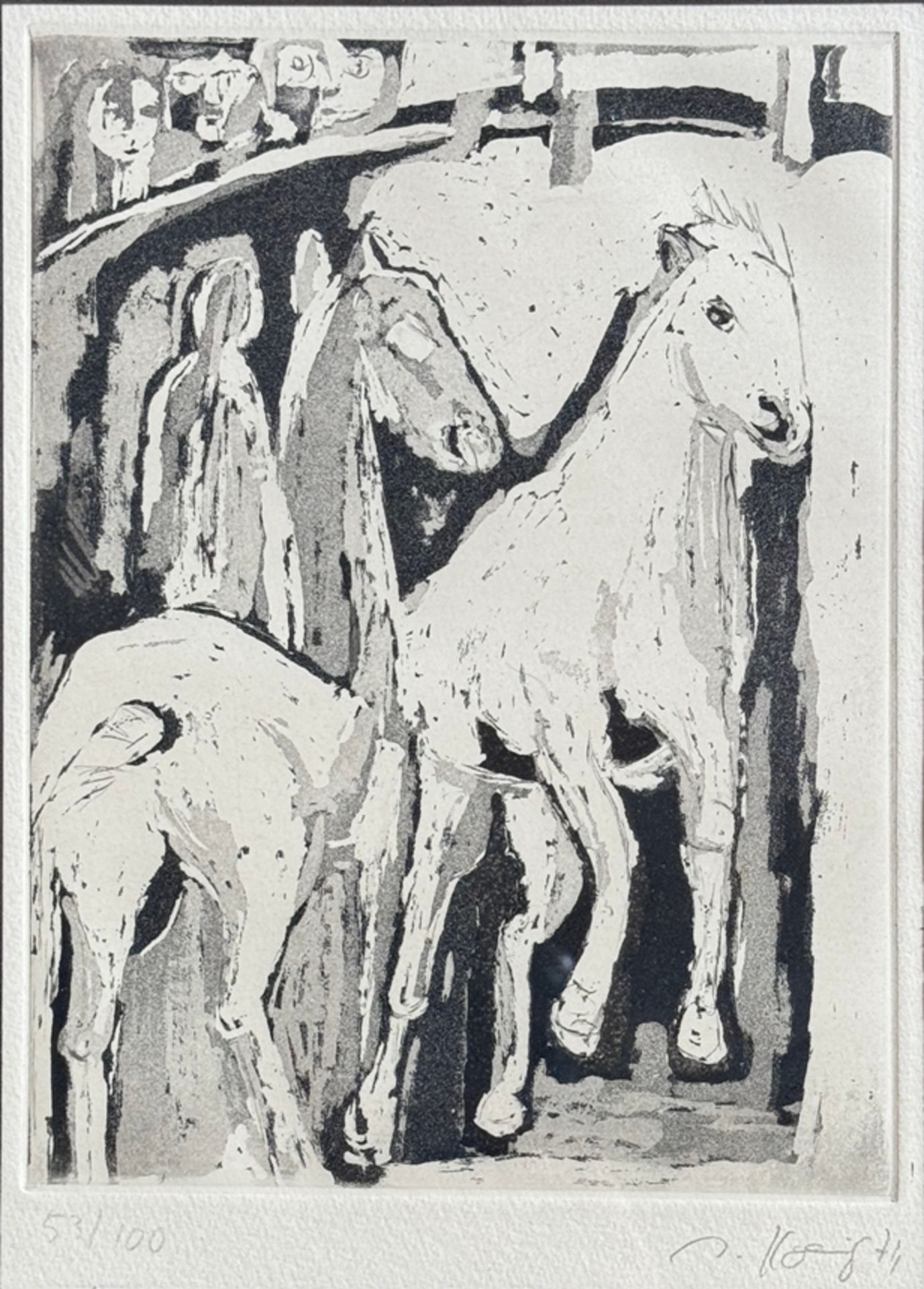 Unknown graphic artist (20th century) "Horses", etching, illegibly signed (Hoenig?) and dated "74"