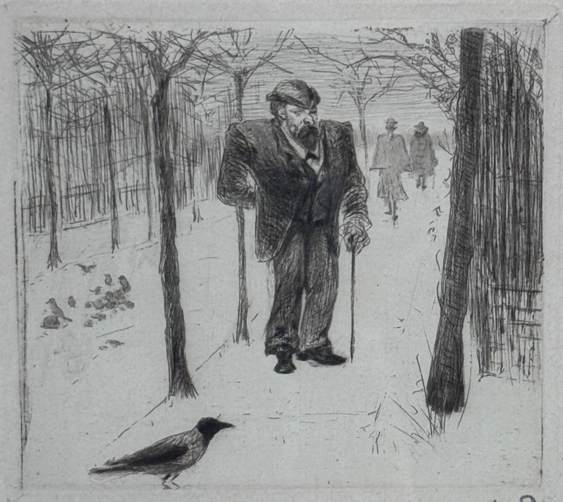 Zille, Heinrich (1858 Radeburg - 1929 Berlin) "Begegnung im Park", Mann mit Spazierstock, beim Flan