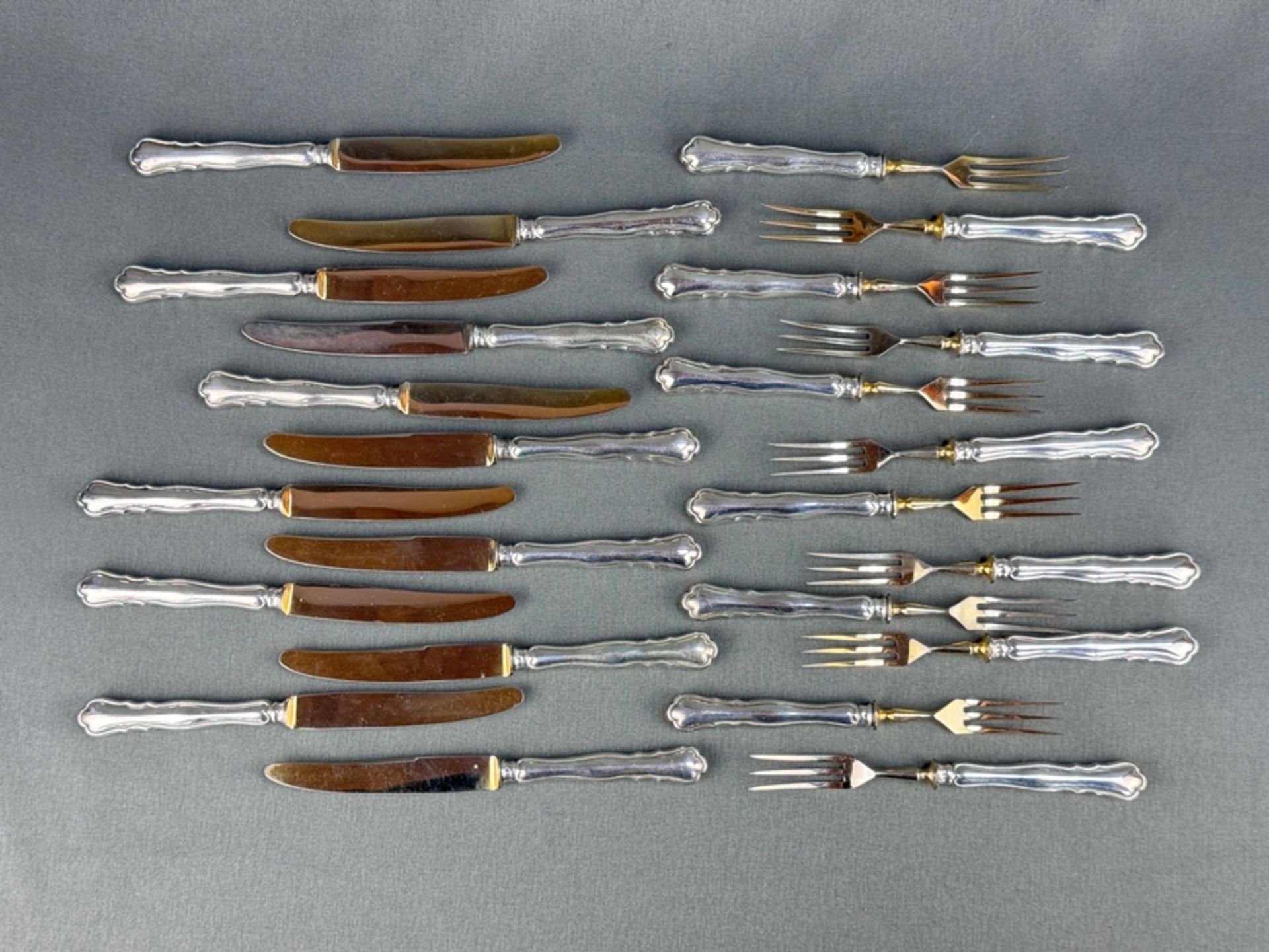 Fruit cutlery, 24-piece, silver 800 (tested), partially gold-plated, 290g without knives, 600g with